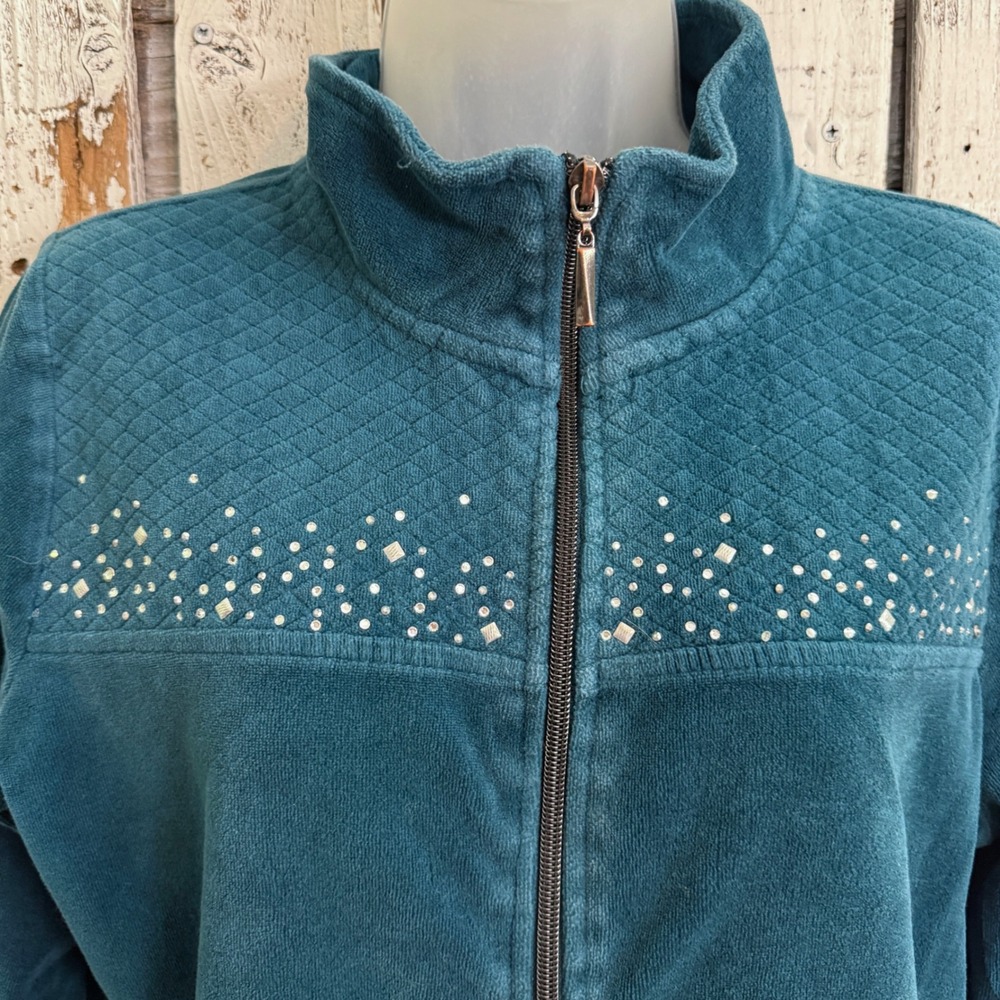 Vtg Onque Casual Teal Blue Velour Zip Up Jacket L Rhinestone Quilted 90s Y2K - Picture 4 of 10